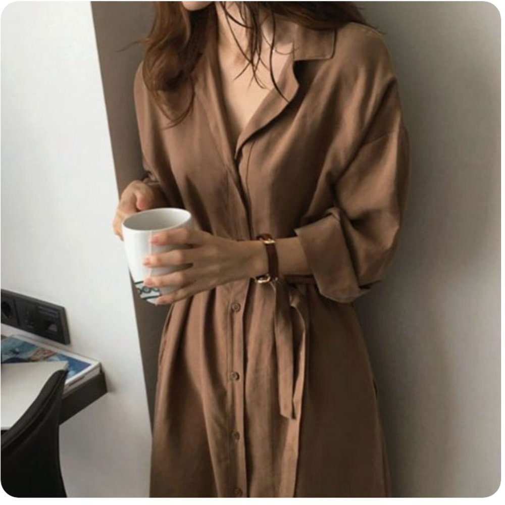 Plain Long-Sleeve Shirt Dress